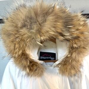 VINTAGE 80s Snuggler Ski Pearl White Puffer Jacket Hooded Wolf Fur Trim Ws Large